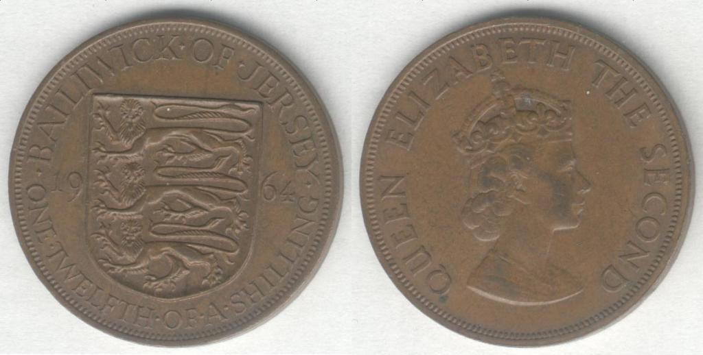 Монета Джерси 1/12 шиллинга 1964 г. XF