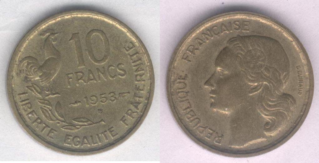 Монета Франция 10 франков 1953 B г. XF