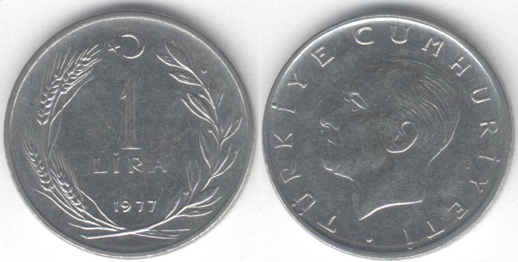 Монета Турция 1 лира 1977 г. XF