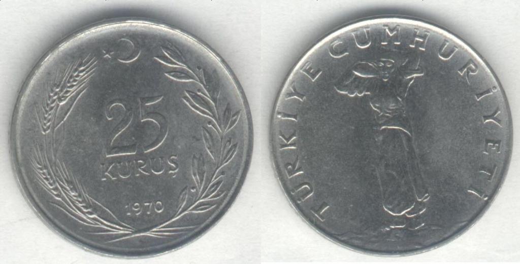 Монета Турция 25 курушей 1970 г. XF+