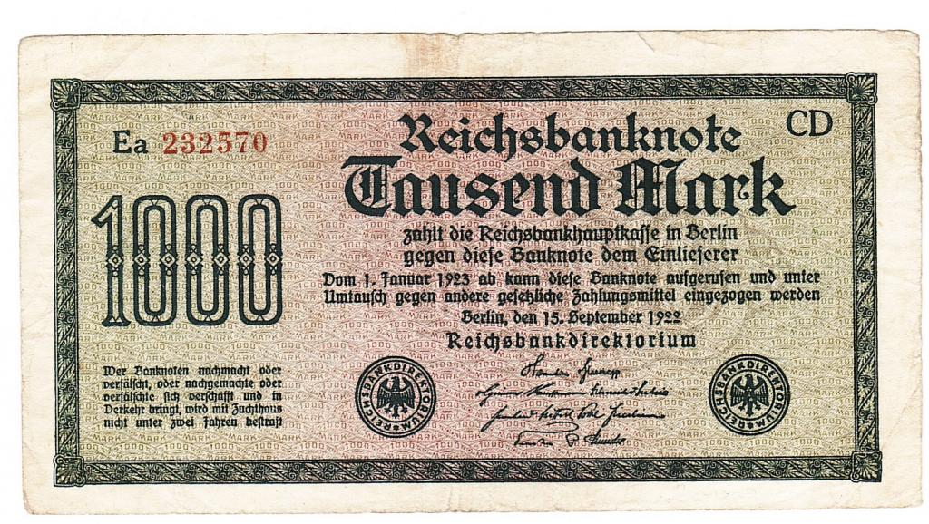 Германия 1000 марок 1922 год бона.
