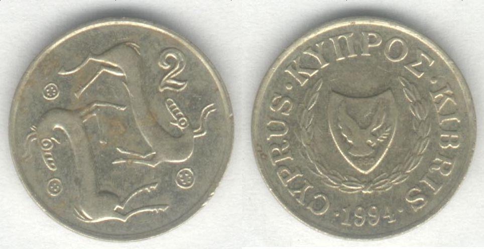 Монета Кипр 2 цента 1994 г. XF-