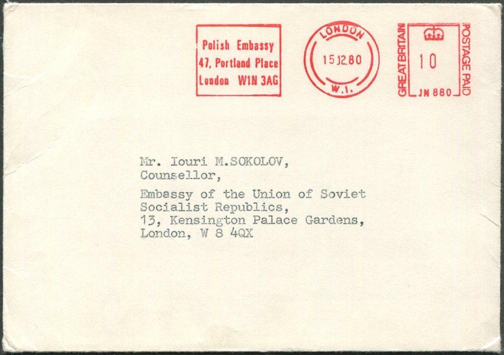 Великобритания 1980 Англия ФРАНКОТИП Лондон посольство Польши диппочта конверт ⇒ посольство СССР
