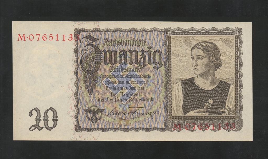 Германия 20 Рейхсмарок 1939 "М" / Нечастая / ПРЕСС UNC -