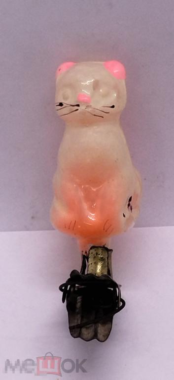 ЁЛОЧНАЯ -ИГРУШКА .МИНИ  КОШКА МУРЁНКА  5 см. "Серебряное копытце" СССР Стекло.