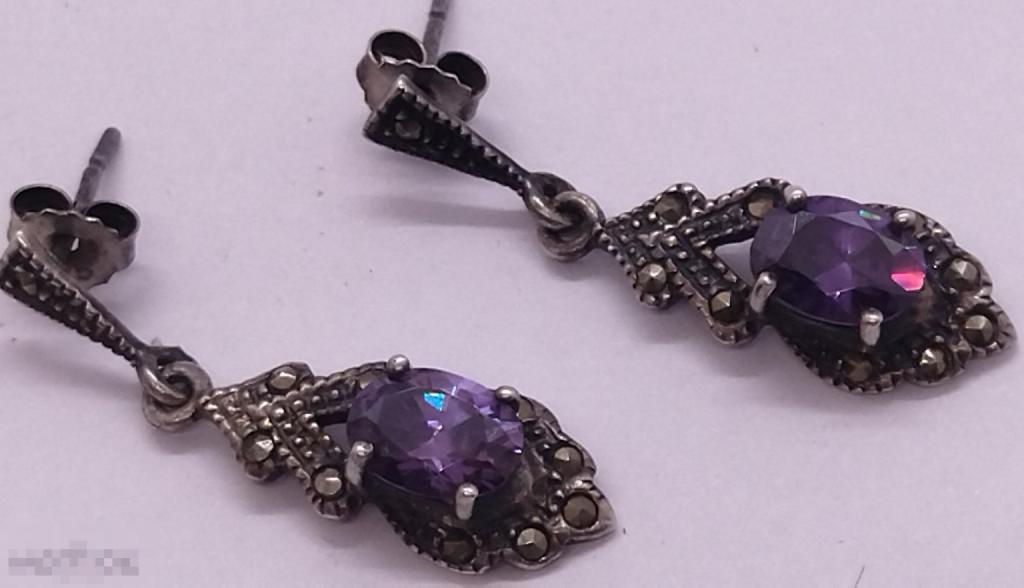 СЕРЬГИ СЕРЕБРО СССР 925 проба (звезда)  СССР АМЕТИСТ, МАРКАЗИТЫ СССР