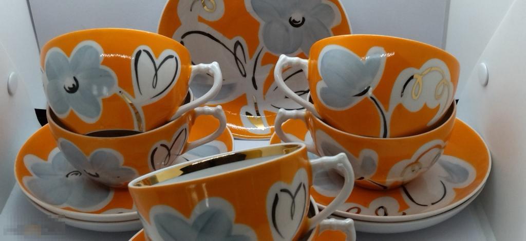 ЧАЙНАЯ ПАРА  ОРАНЖЕВОЕ КРЫТЬЁ,.ФАРФОР, РОСПИСЬ.СССР ДУЛЕВО