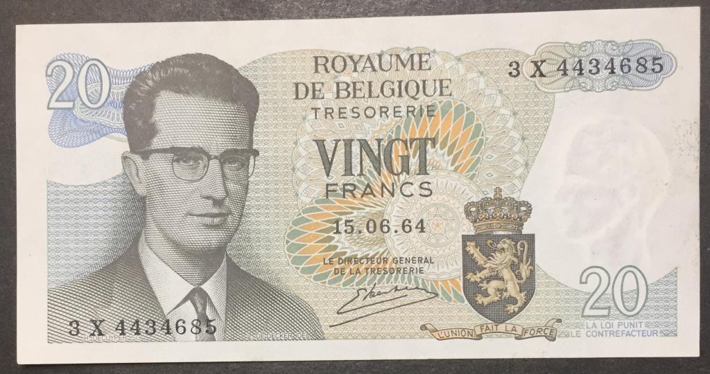 20 франков 1964 год 3 Х 4434685 Бельгия