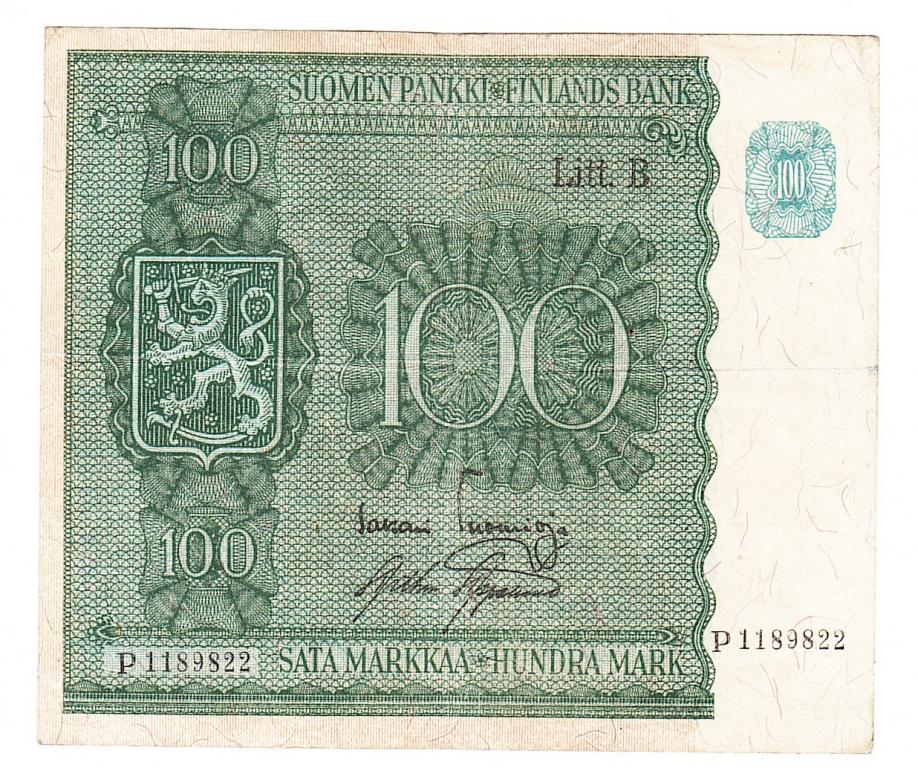 Финляндия 100 марок 1945 год бона.