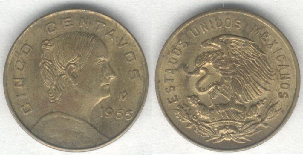 Монета Мексика 5 сентаво 1966 г. XF (2)