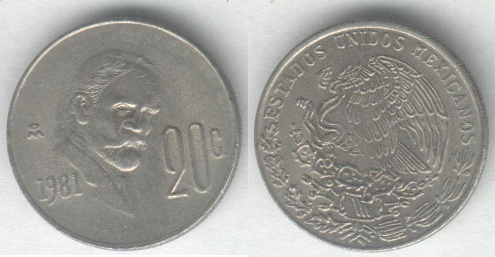 Монета Мексика 20 сентаво 1981 г. XF, закрытая 8