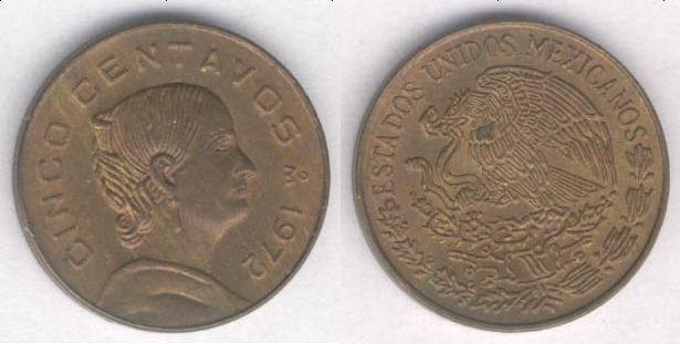 Монета Мексика 5 сентаво 1972 г. XF