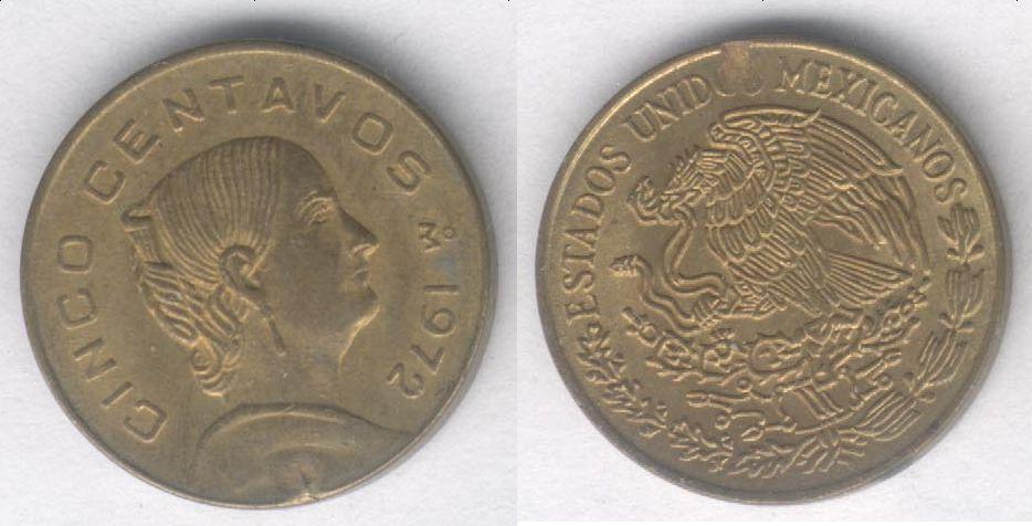 Монета Мексика 5 сентаво 1972 г. XF, брак заготовки