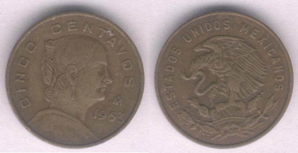 Монета Мексика 5 сентаво 1963 г. VF