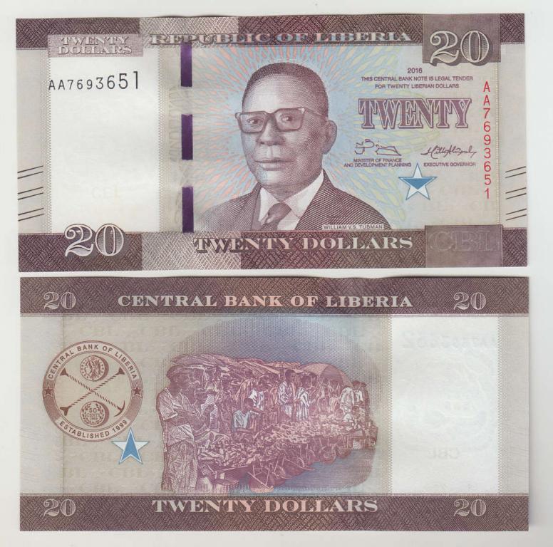 Либерия 20 долларов 2016 UNC