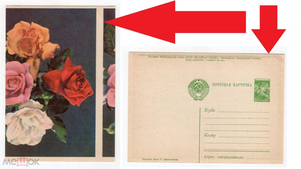 1958 БРАК. Ошибка. Разновидность. Сдвиг. Смещение. Розы. Цветы. Флора. Маркированная. Фото Самсонова