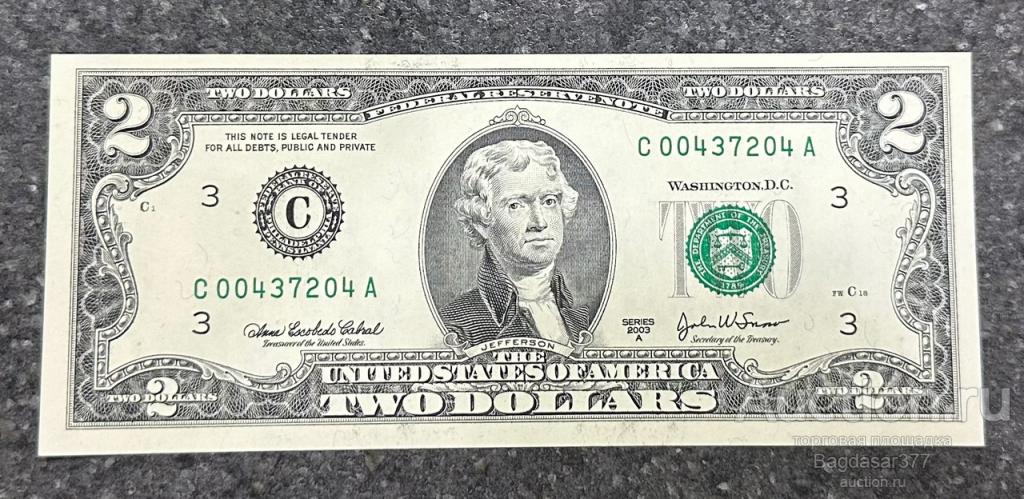 США 2  ДОЛЛАРА 2003 A   3C ( ФИЛАДЕЛЬФИЯ ) БЛОК C-A  "UNC!!!" (см.фото)