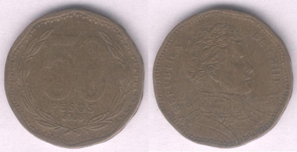 Монета Чили 50 песо 2008 г. VF
