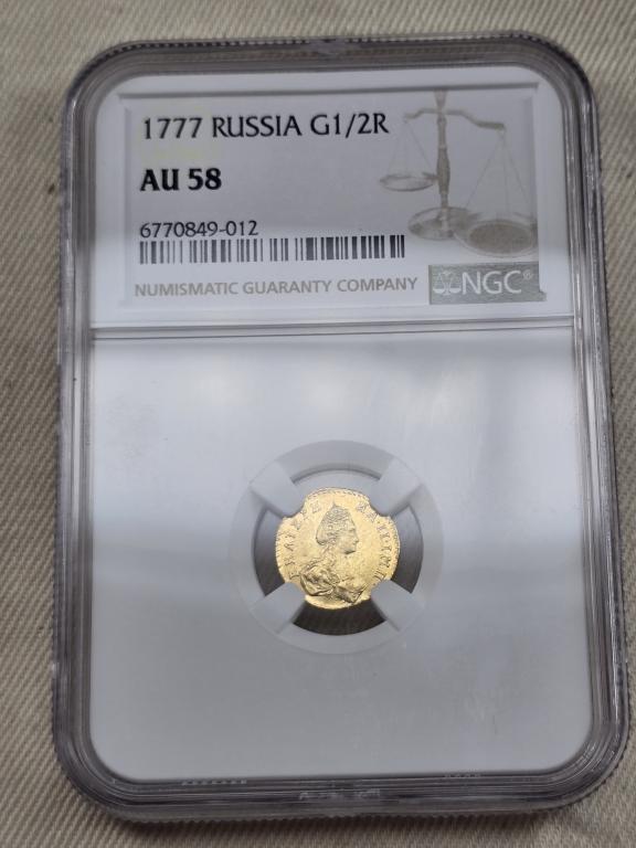 Полтина 1777 дворцовая Екатерина золото в слабе ngc au 58 Из коллекции в коллекцию !!!