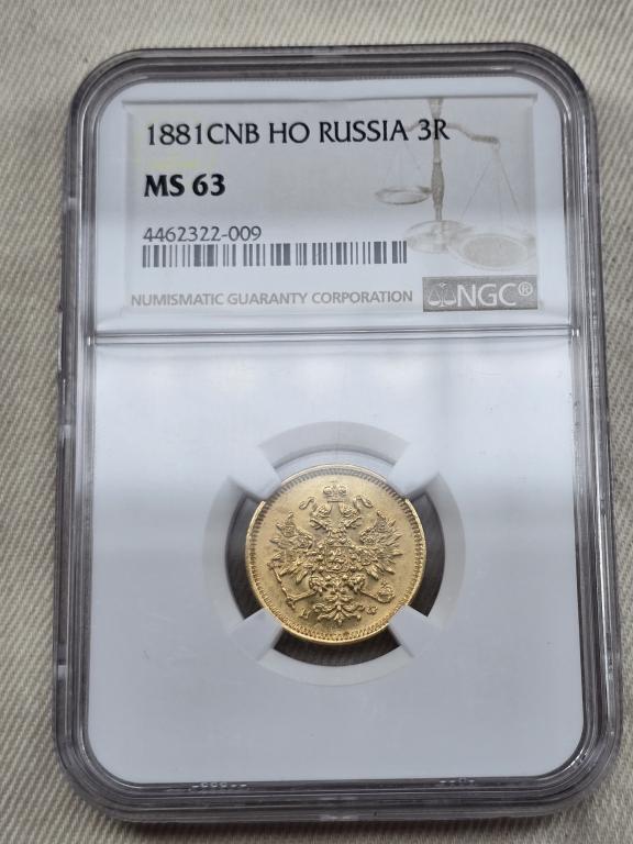 3 рубля 1881 СПБ НФ золото в слабе ngc ms 63  Из коллекции в коллекцию !!!