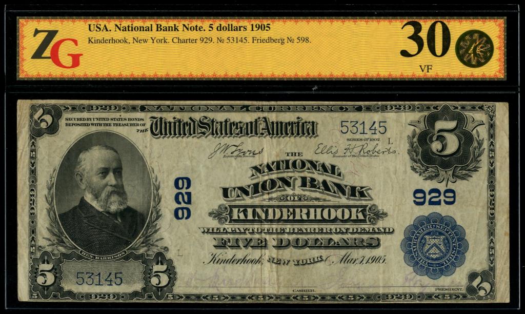 США. Национальный объединенный банк Киндерхука, Нью-Йорк. 5 долларов 1905 г.