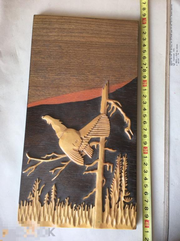 Плакетка настенная глухарь СССР Иваново дерево картина резная бирка