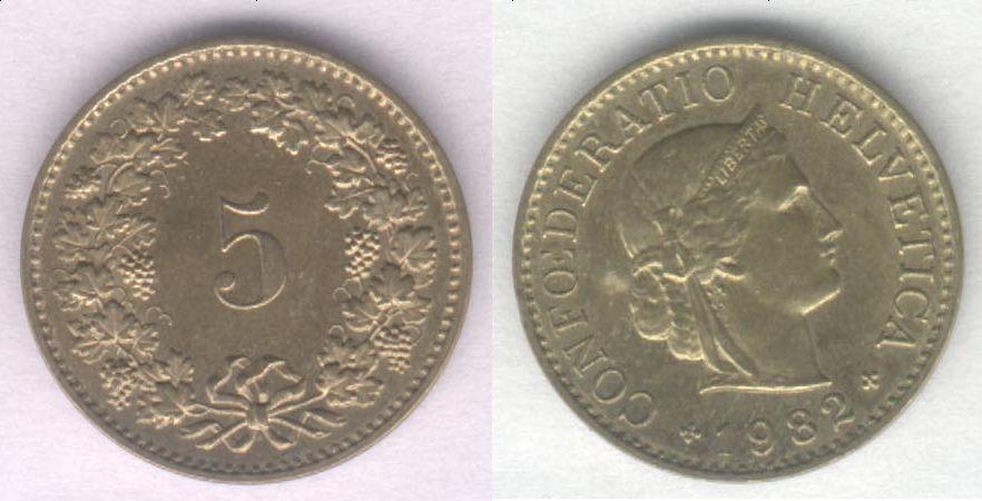 Монета Швейцария 5 раппен 1982 г. XF