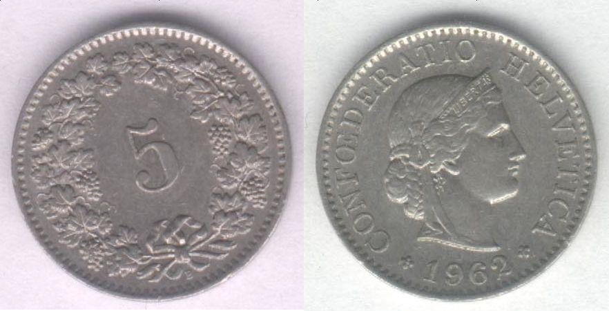 Монета Швейцария 5 раппен 1962 г. XF