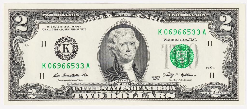 2 доллара США 2009 г. Серия 2009. № К06966533А. Литера К (Даллас)