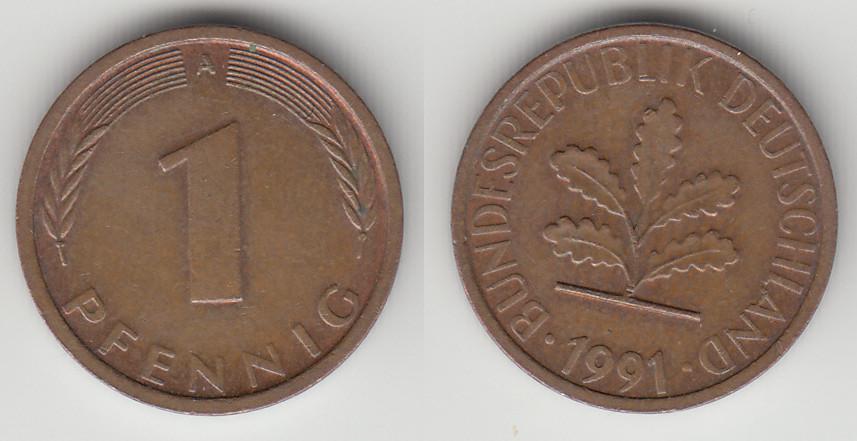 Германия ФРГ 1 пфенниг 1991 A М
