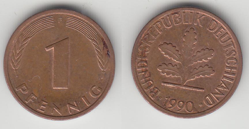 Германия ФРГ 1 пфенниг 1990 F М