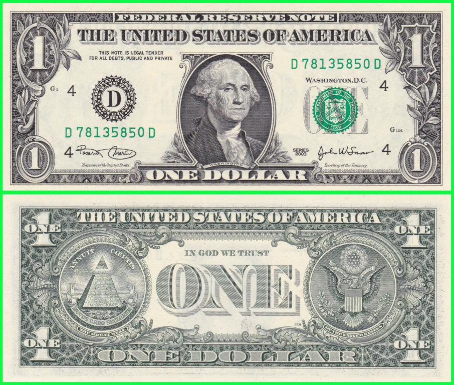 Банкнота США - 1 доллар 2003 год. Серия D ( D 78135850 D ) ПРЕСС !! UNC !!