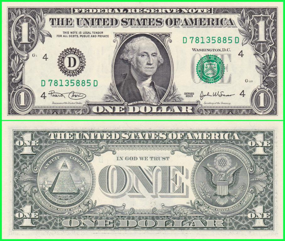 Банкнота США - 1 доллар 2003 год. Серия D ( D 78135885 D ) ПРЕСС !! UNC !!