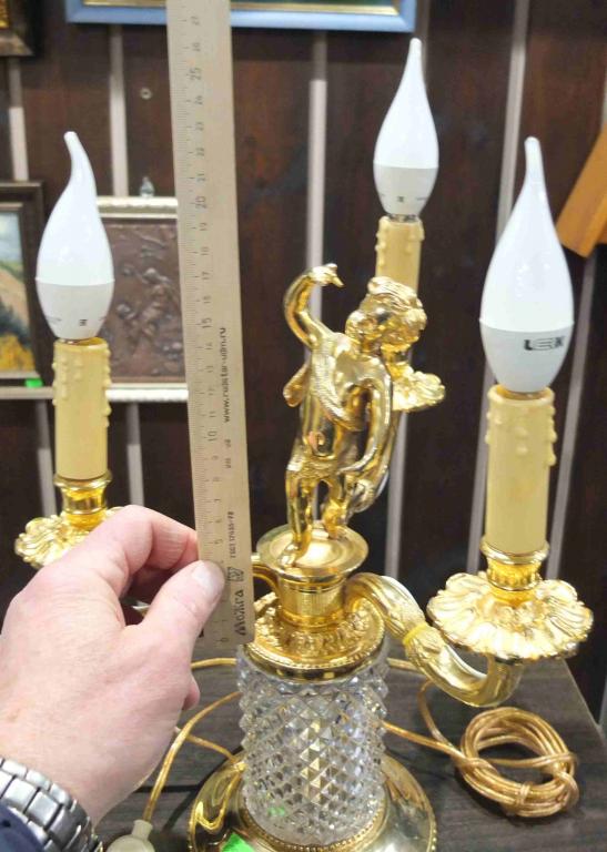 светильник трёхрожковый , бронза, хрусталь, коллекционный, винтаж