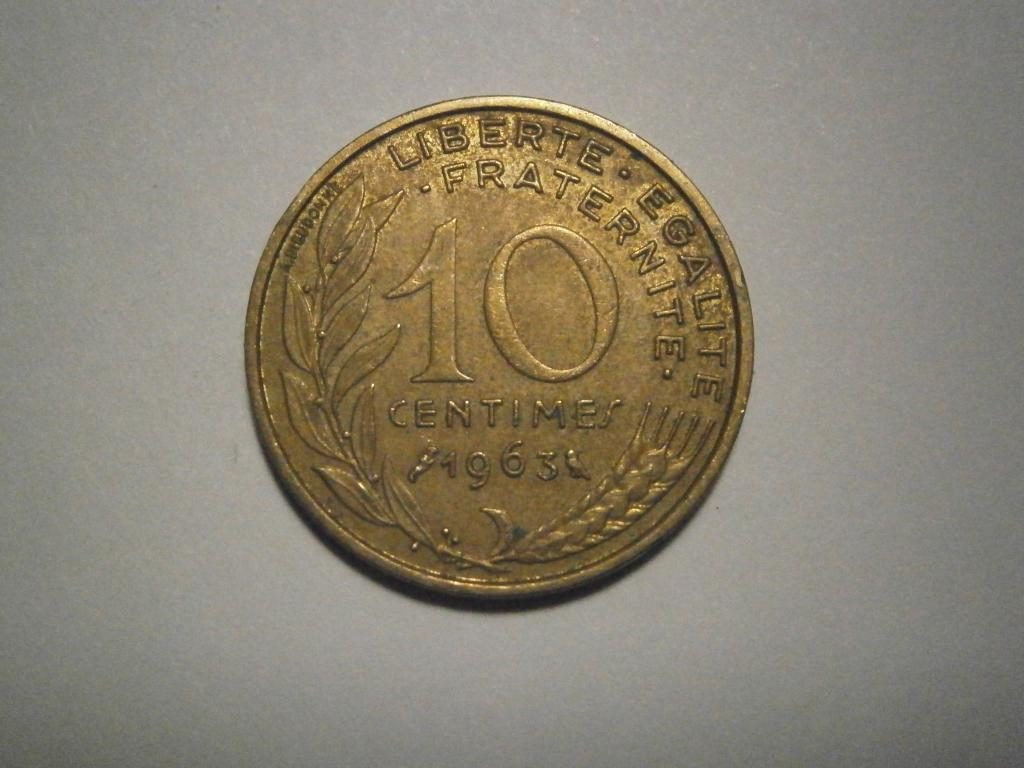 Монета. Франция 10 сантимов 1963 год. Состояние XF  Лот №93