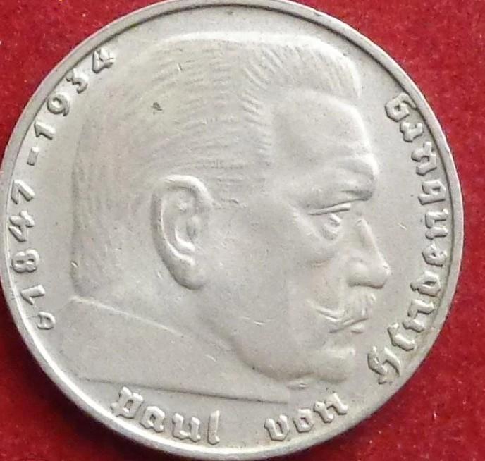 2 МАРКИ D 1939 Г. ГЕРМАНИЯ. ГИНДЕНБУРГ. СЕРЕБРО.