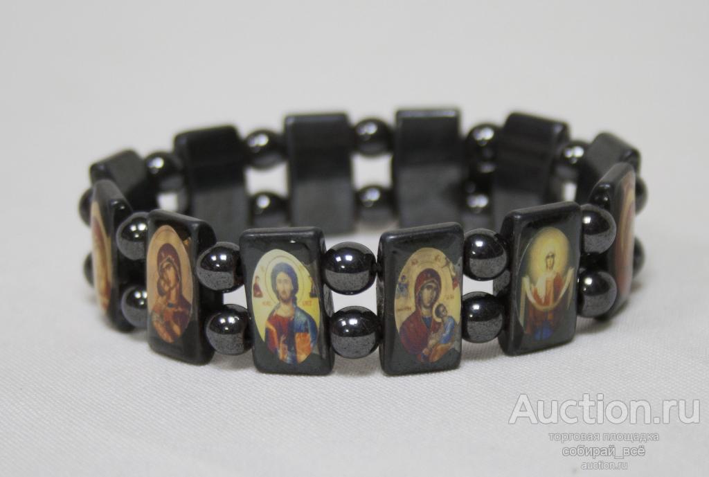 Браслет на резинке, с иконками, гематит  (143)