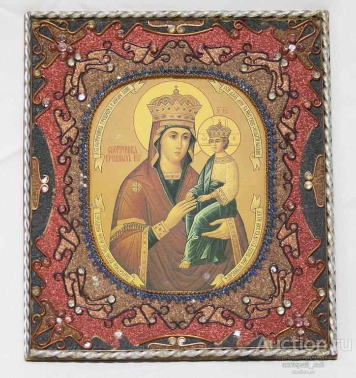 Икона Божьей Матери Споручница грешных, бумага, бисер, металл, размер 17х19 см  (146)