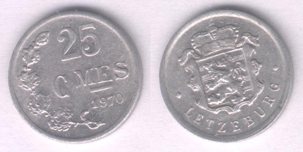 Монета Люксембург 25 сантимов 1970 г. XF, алюминий