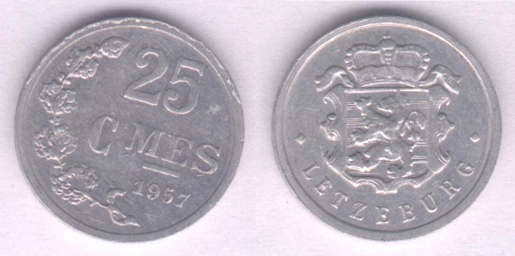 Монета Люксембург 25 сантимов 1957 г. VF+, алюминий