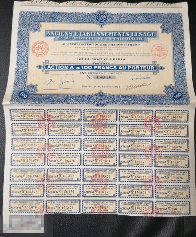Акции 100 francs au porteur des Anciens Etablissements Lesage fevrier 1928