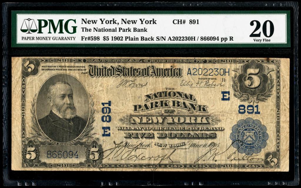 США. Национальный парковый банк Нью-Йорка. 5 долларов 1902 г.
