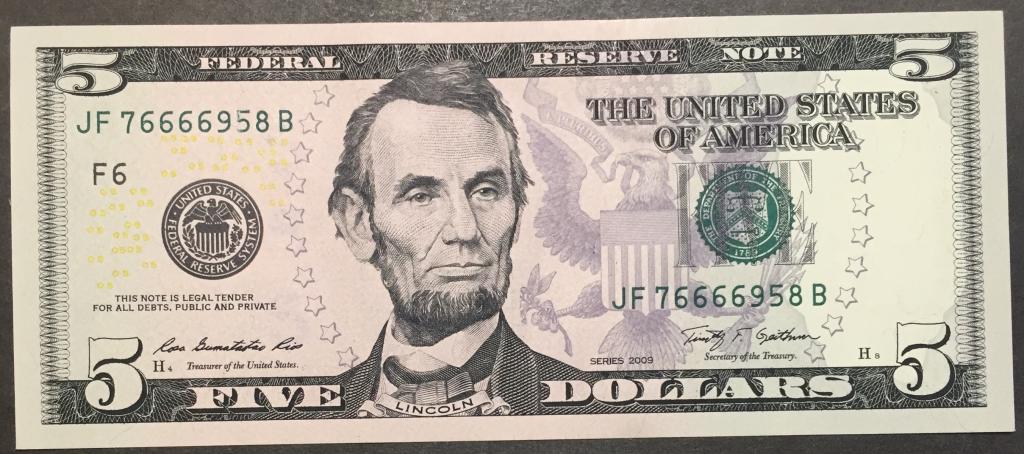 5 долларов 2009 год JF 76666958 В США красивый номер