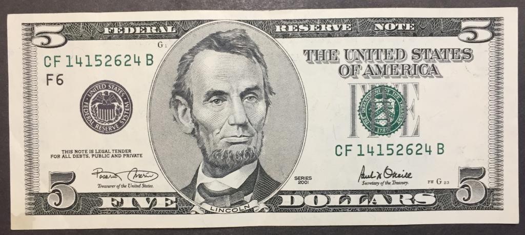 5 долларов 2001 год СF 14152624 В США