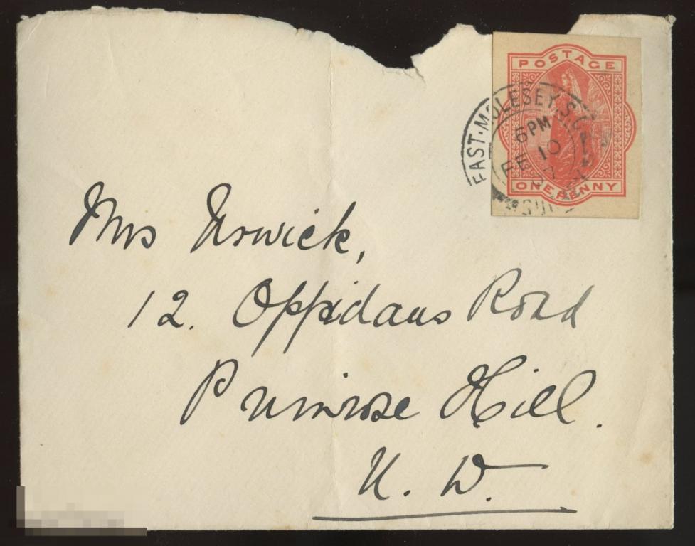 1907, Англия, East Molesey, оплата вырезкой 1 пенни  с  ПК
