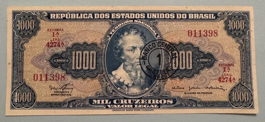 Бразилия. 1000 крузейро, 1 крузейро ново. Надпечатка. 1967. UNC.