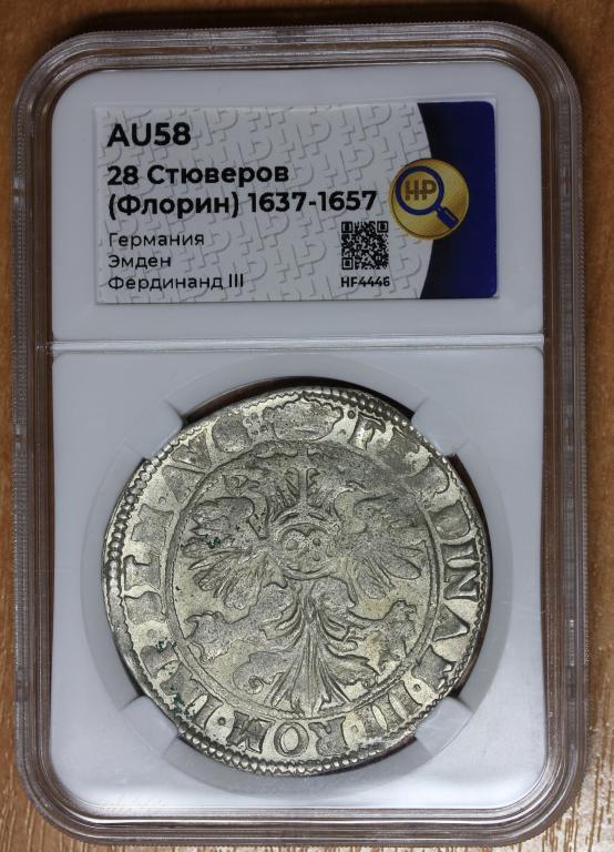 28 стюверов (флорин) 1637-1657гг., Эмбден. Германия" в слабе ННР AU58.