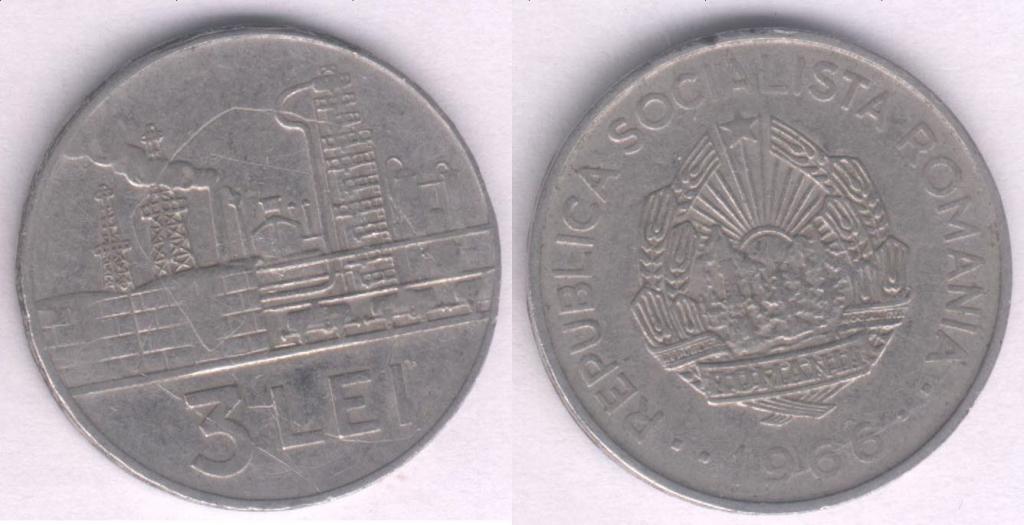 Монета Румыния 3 лея 1966 г. VF-