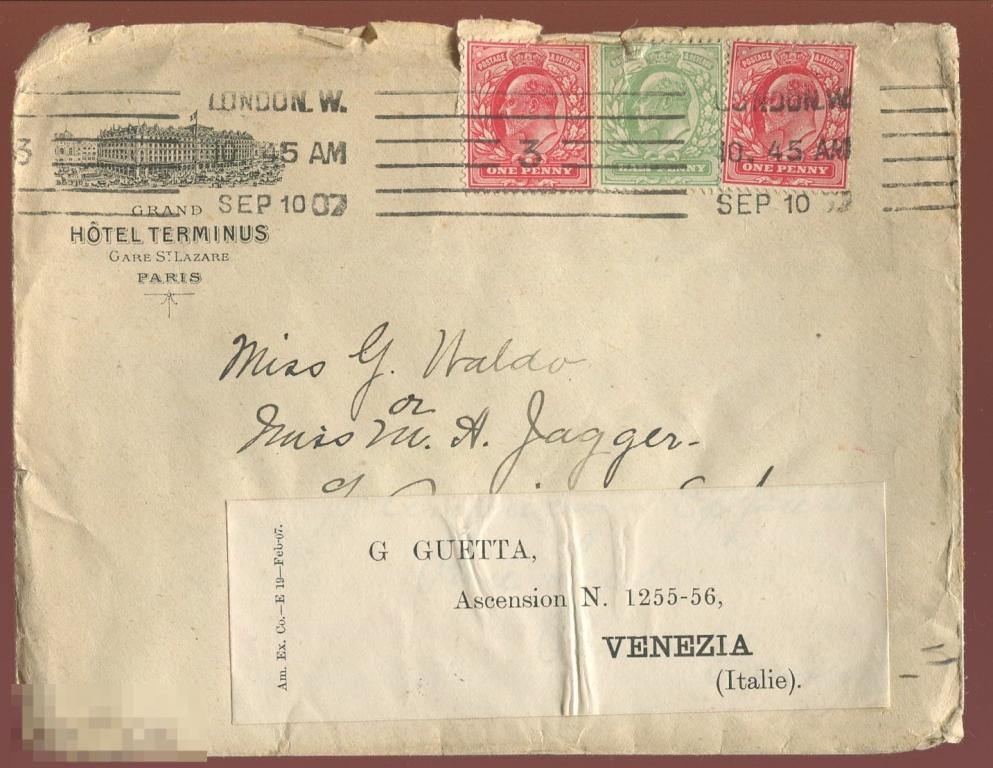 Великобритания конверт 1907 перенаправлен Париж-Лондон-Венеция