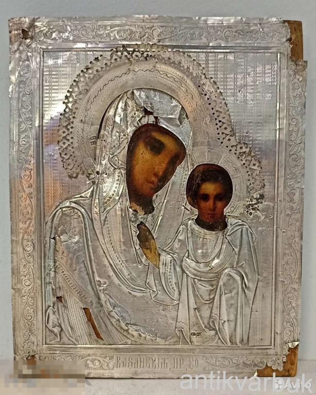 Икона старинная Казанская Божья Матерь в Серебре 